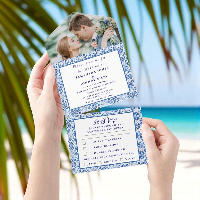 Mediterranean Tiles Portuguese Photo Wedding  All In One Invitation (Creator Uploaded)