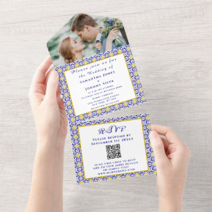 Mediterranean Tiles Portuguese Photo Wedding All In One Invitation