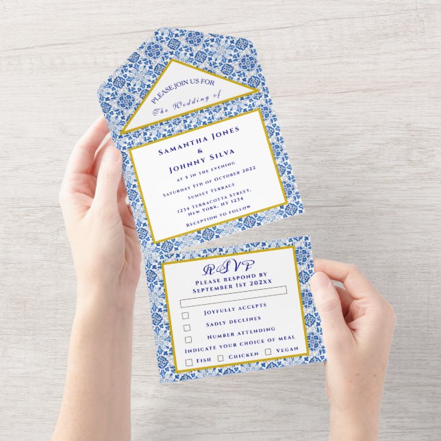 Mediterranean Tiles Portuguese Rustic Wedding All In One Invitation (Tearaway)