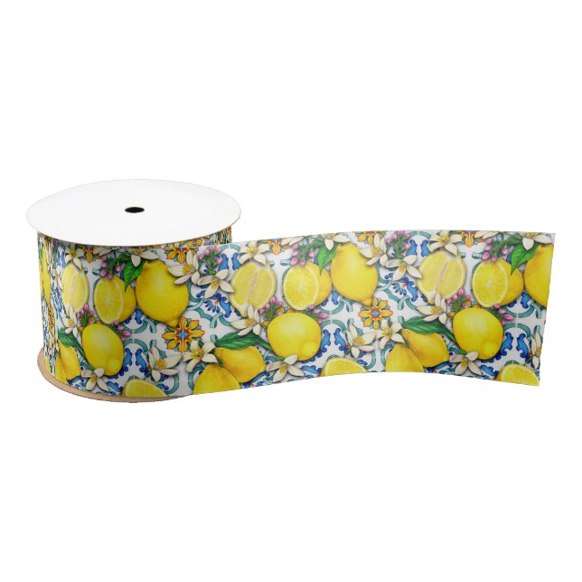 Mediterranean Traditional Pattern With Lemons Satin Ribbon (Spool)