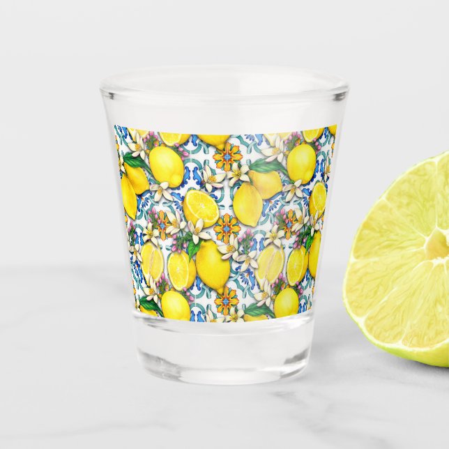 Mediterranean Traditional Pattern With Lemons Shot Glass (Front)