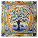 Mediterranean Tree Rustic Blue & Yellow Folk Art Tile<br><div class="desc">summery sicilian ceramic tile, italian hand painted pattern, mediterranean fruit tree portuguese, yellow green leafy leaf nature, summer spring farming countryside, floral garden leaves farm, authentic classic traditional, vintage antique rustic country, folk art spanish rural agriculture, blue orange navy outdoors</div>