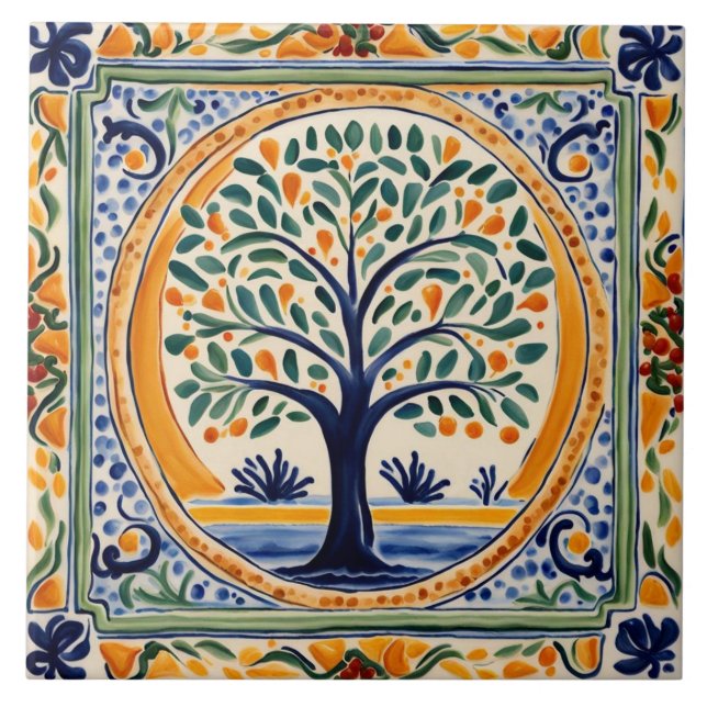 Mediterranean Tree Rustic Blue & Yellow Folk Art Tile (Front)