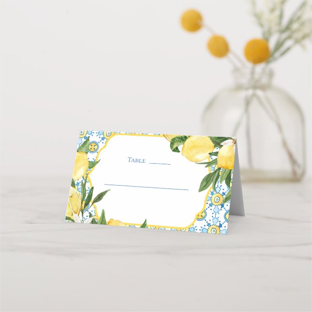 Mediterranean Tropical Monogram Wedding Place Card (Front)