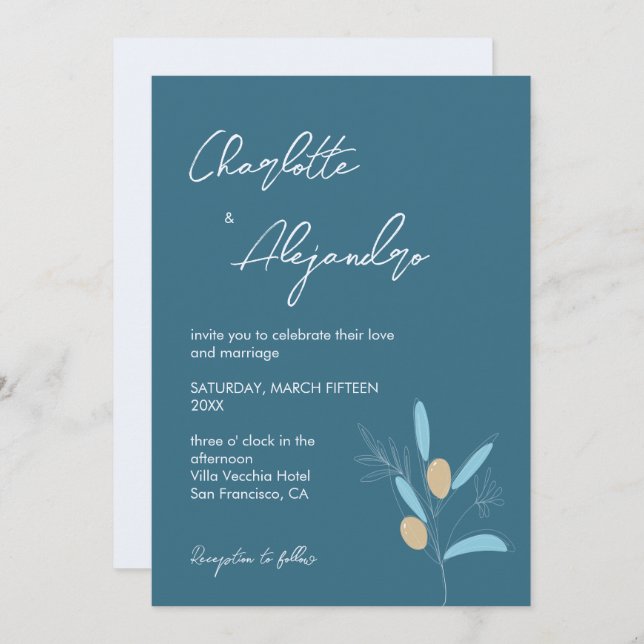 Mediterranean Vibes Wedding Invitation Blue (Front/Back)