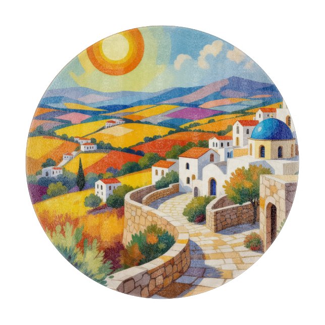 Mediterranean Village Painting Cutting Board (Front)