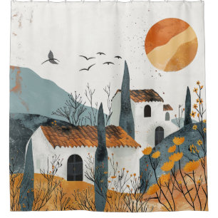Mediterranean Village Terracotta Sun Landscape Shower Curtain