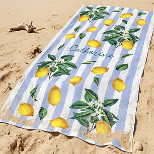 Mediterranean Vintage Lemons Blue Stripes Name Beach Towel