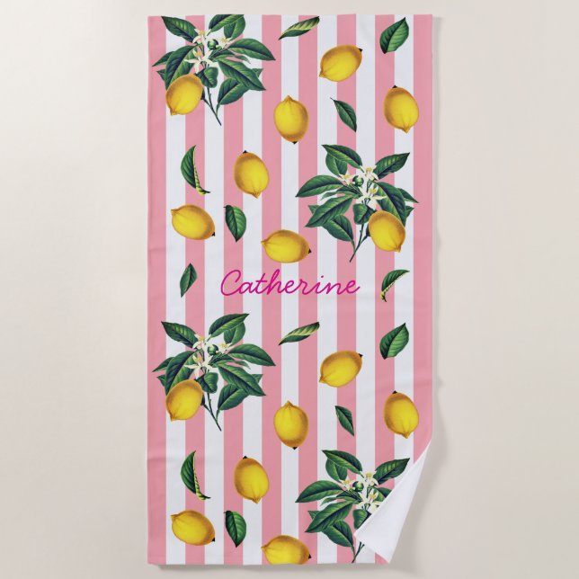 Mediterranean Vintage Lemons Pink Stripes Name Beach Towel (Front)