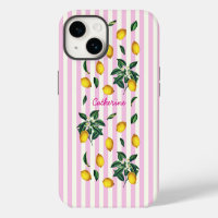 Mediterranean Vintage Lemons Pink Stripes Name