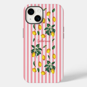 Mediterranean Vintage Lemons Pink Stripes Name iPhone 14 Case