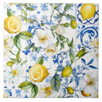 Mediterranean Watercolor Blue Pattern and Citrus