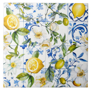 Mediterranean Watercolor Blue Pattern and Citrus Tile