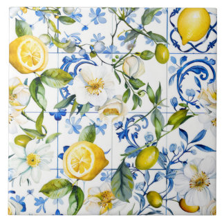 Mediterranean Watercolor Blue Pattern and Citrus Tile