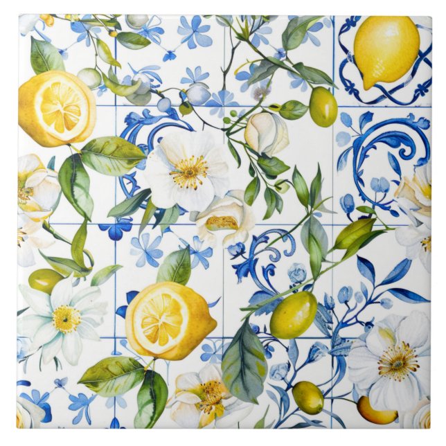 Mediterranean Watercolor Blue Pattern and Citrus Tile (Front)