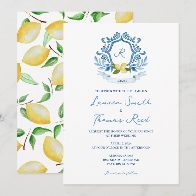 Mediterranean Watercolor Blue with Lemons Wedding Invitation (Front/Back)