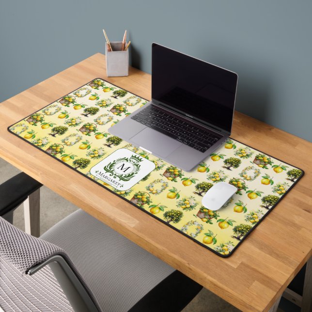 Mediterranean Watercolor Lemon Crested Monogram Desk Mat (Office 2)