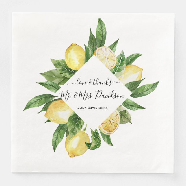 Mediterranean Watercolor Lemon Tropical Wedding Napkin (Front)
