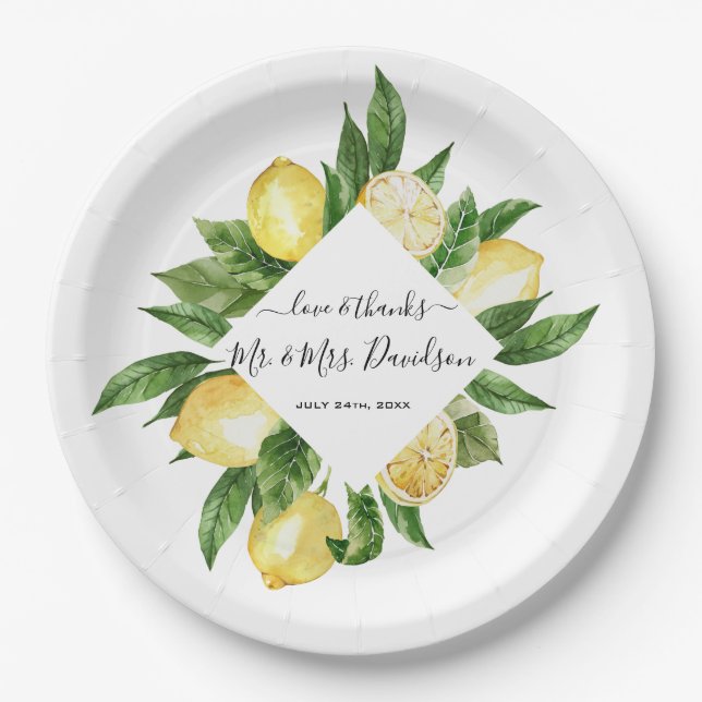 Mediterranean Watercolor Lemon Tropical Wedding Paper Plate (Front)