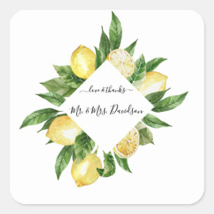 Mediterranean Watercolor Lemon Tropical Wedding Square Sticker