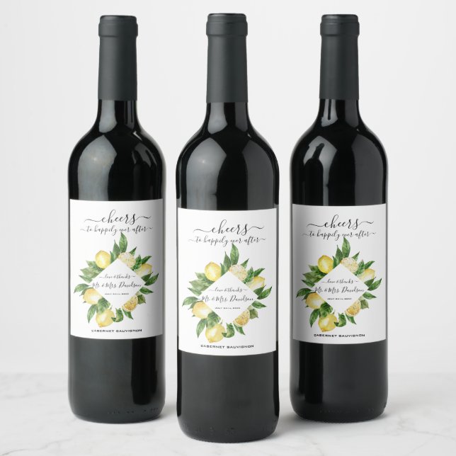 Mediterranean Watercolor Lemon Tropical Wedding Wine Label (Bottles)
