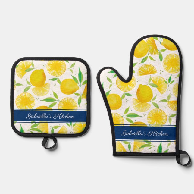 Mediterranean Watercolor Lemons Chef Oven Mitt & Pot Holder Set (Front)