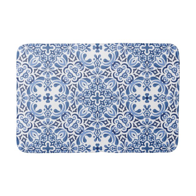 Mediterranean Watercolor Tile Bath Mat (Front)