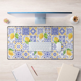 Mediterranean Watercolor Tile Lemon Pattern Desk Mat