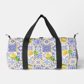 Mediterranean Watercolor Tile Lemon Pattern Duffle Bag