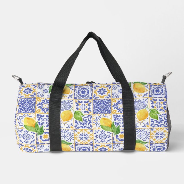 Mediterranean Watercolor Tile Lemon Pattern Duffle Bag (Front)