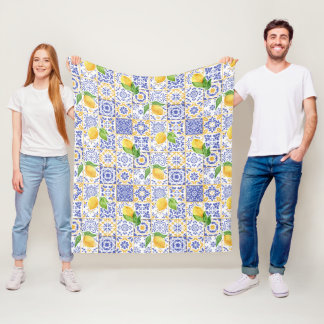 Mediterranean Watercolor Tile Lemon Pattern Fleece Blanket