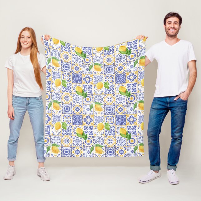 Mediterranean Watercolor Tile Lemon Pattern Fleece Blanket (In Situ)