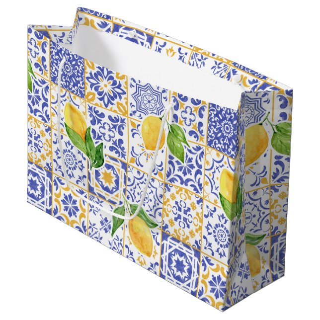 Mediterranean Watercolor Tile Lemon Pattern Large Gift Bag (Front Angled)