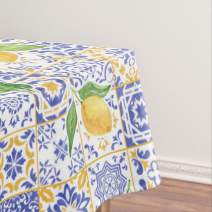 Mediterranean Watercolor Tile Lemon Pattern Tablecloth