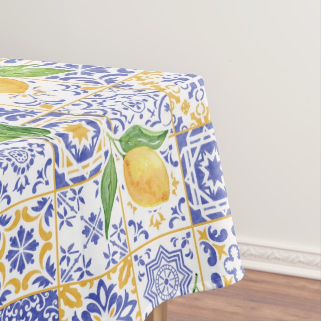 Mediterranean Watercolor Tile Lemon Pattern Tablecloth (In Situ)