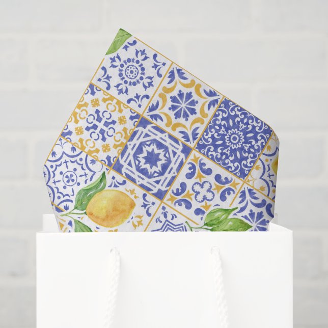 Mediterranean Watercolor Tile Lemon Pattern Tissue Paper (Gift Bag)
