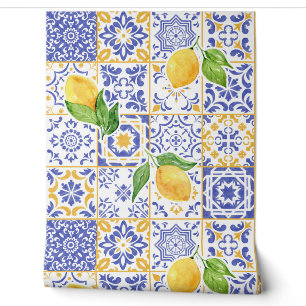 Mediterranean Watercolor Tile Lemon Pattern Wallpaper