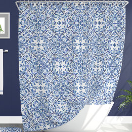 Mediterranean Watercolor Tile Shower Curtain