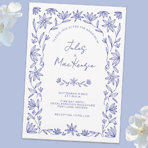 Mediterranean Wedding Blue White Floral Invitation