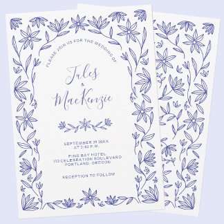Mediterranean Wedding Blue White Floral Invitation