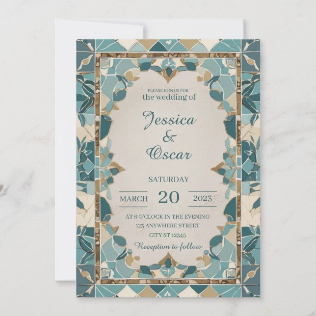 Mediterranean Wedding Design – Teal & Gold Mosaic  Invitation (Front)