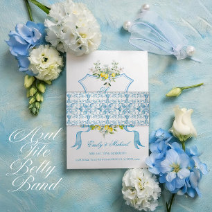 Mediterranean Wedding Invitation Azul Tile Belly Band