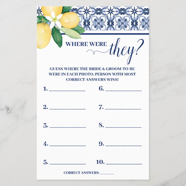 Mediterranean Where were Couple Shower Game Card (Front)