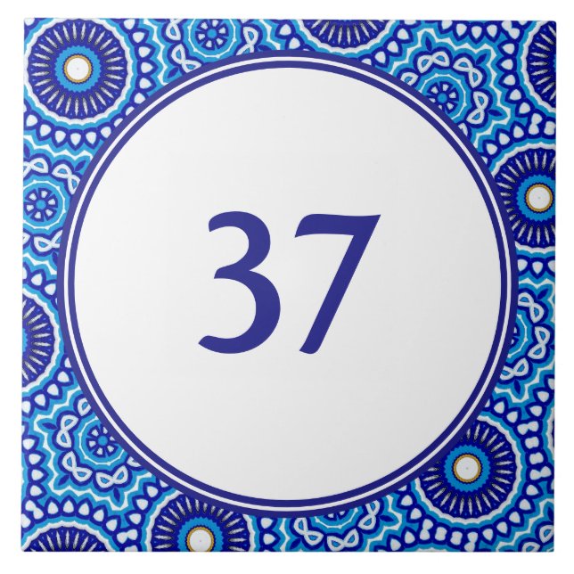   Mediterranean White and Blue House Number Plaque Tile (Front)