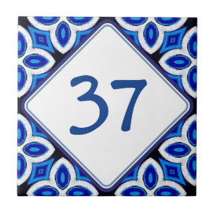 Mediterranean White and Blue House Number Plaque Tile