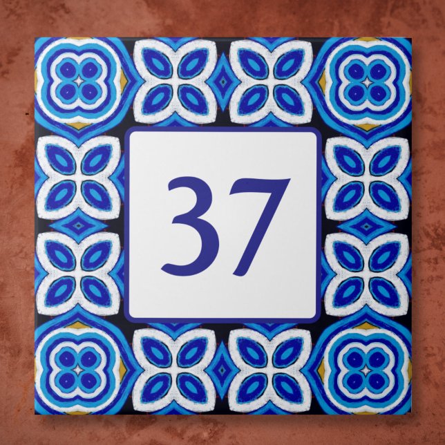   Mediterranean White and Blue House Number Plaque Tile (Creator Uploaded)
