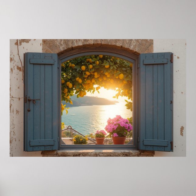 Mediterranean window view and Lemon Balcony  Poster (Front)