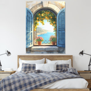 Mediterranean window view frame Coast Lemon Balcon Canvas Print