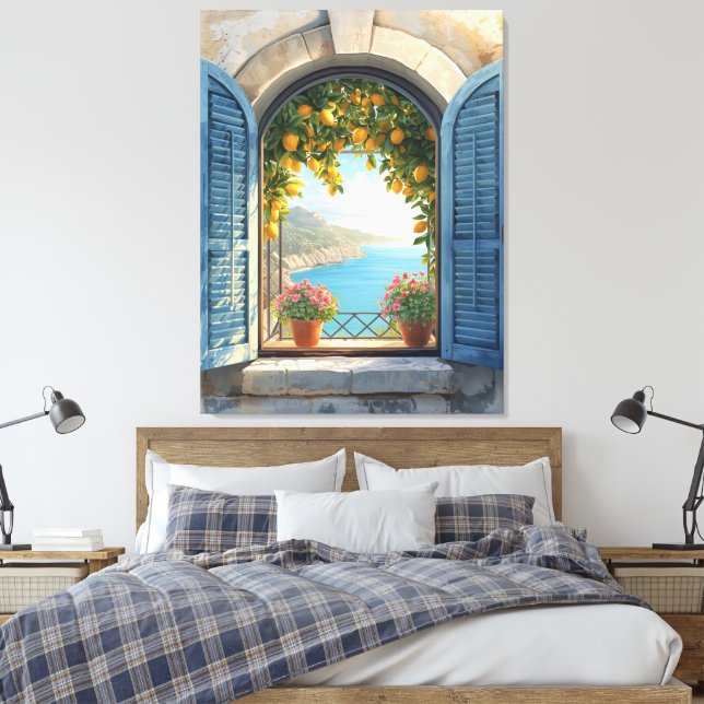 Mediterranean window view frame Coast Lemon Balcon Canvas Print (Insitu(Bedroom))