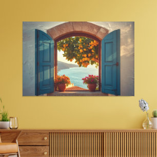 Mediterranean window view frame Coast Lemon Balcon Canvas Print